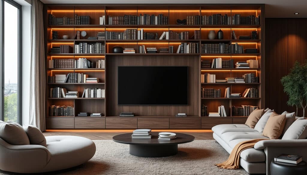 découvrez comment une bibliothèque murale met en valeur vos livres tout en embellissant le salon de votre maison grâce à un agencement élégant et fonctionnel.