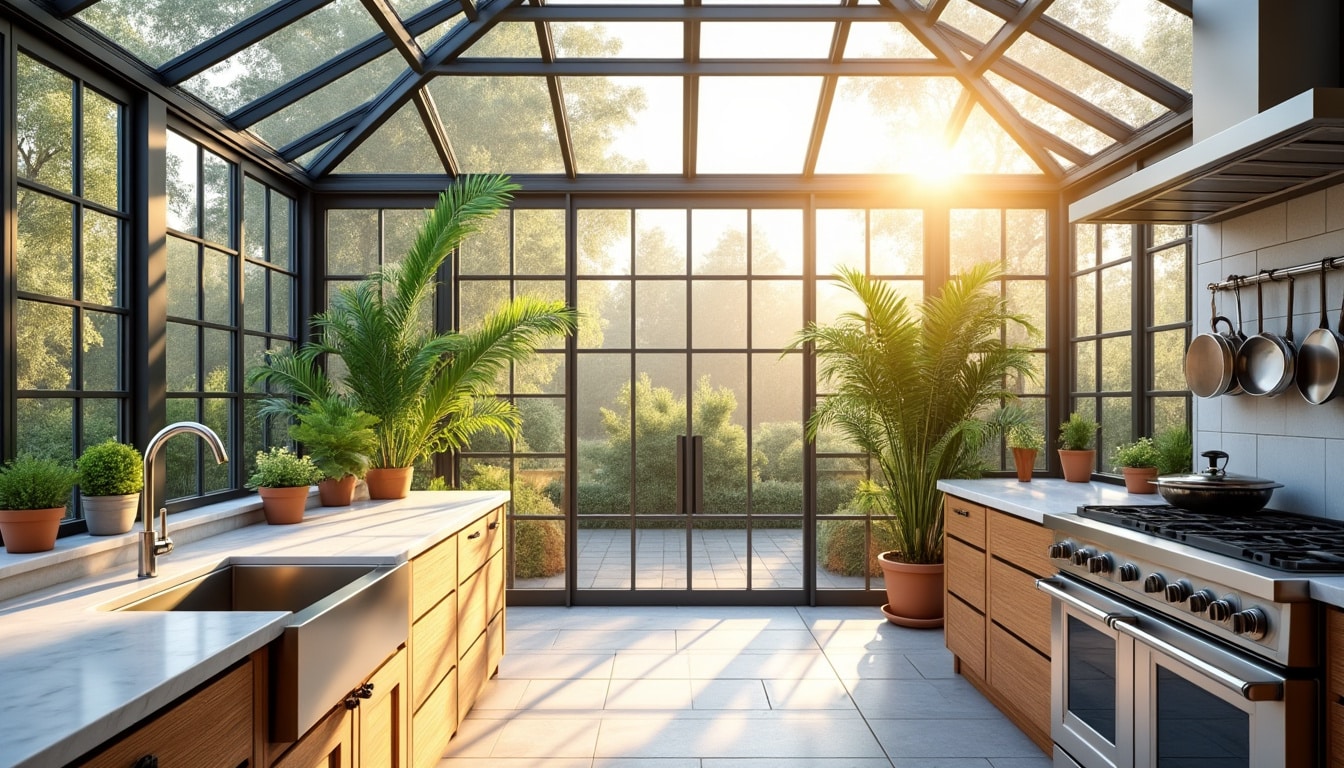 la verrière illumine la cuisine de la maison en laissant passer la lumière naturelle, créant un espace chaleureux et accueillant.