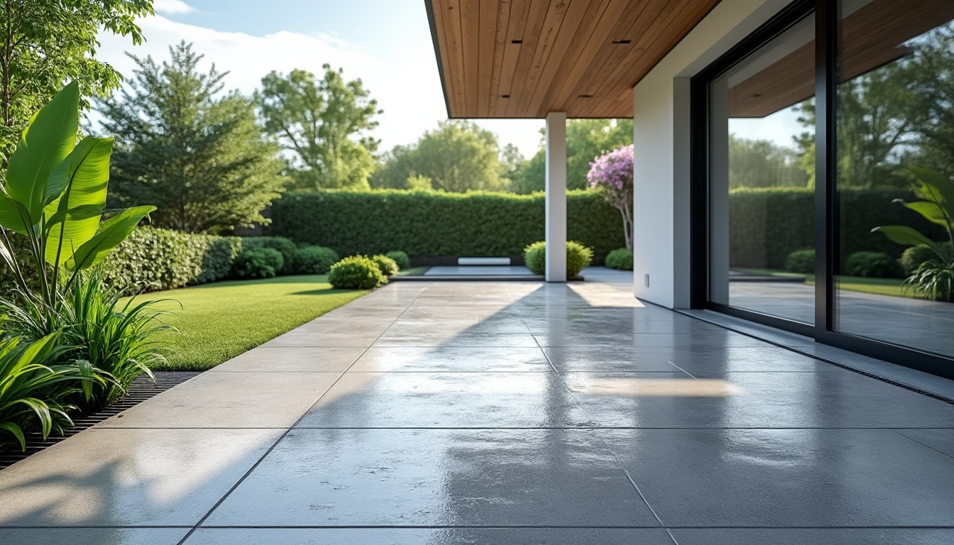 le béton drainant permet d'éviter la formation de flaques d'eau sur la terrasse de votre maison, assurant ainsi un espace extérieur propre et sécuritaire, même après la pluie.